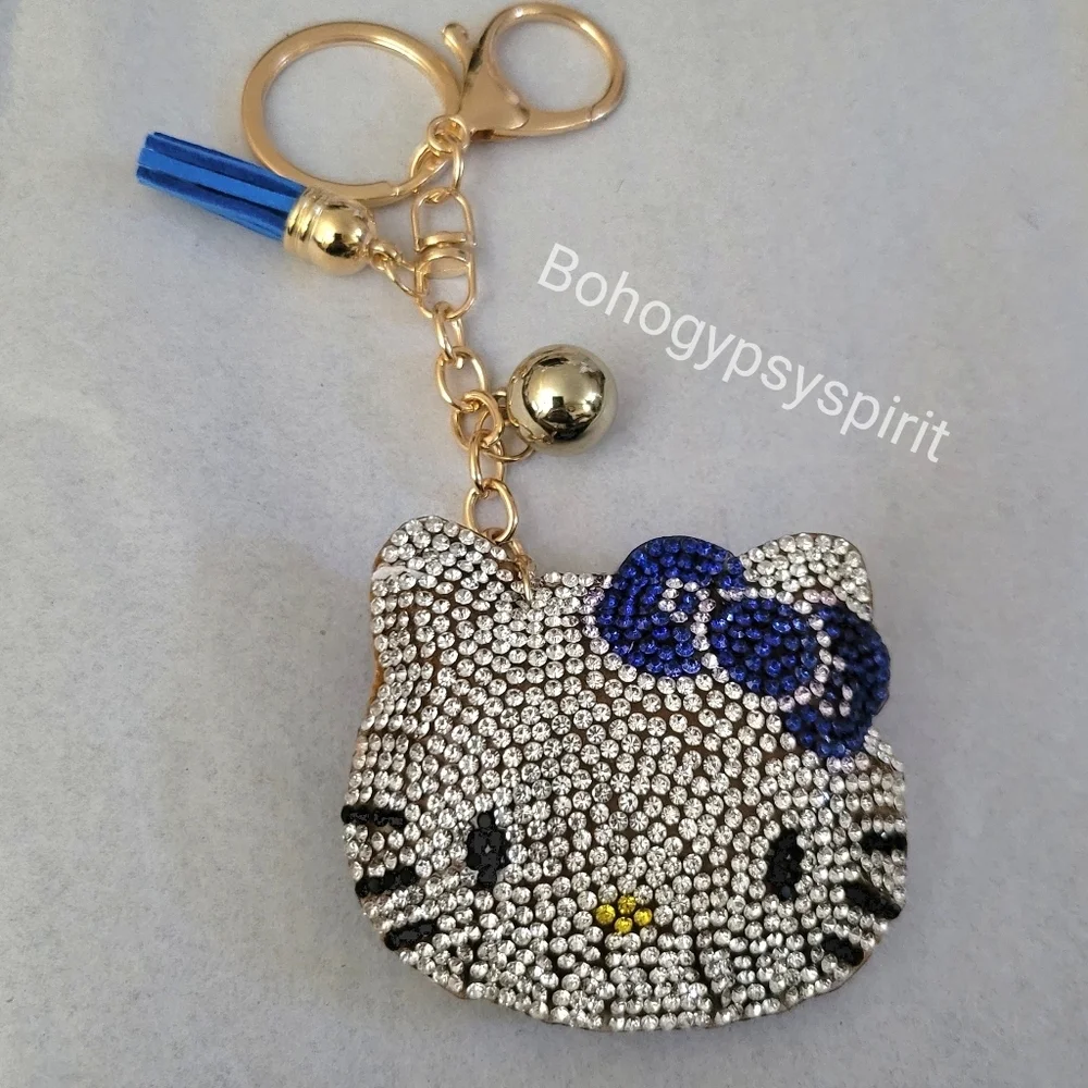 Hello Kitty Blue Bow Crystal Rhinestone Keychain Bag Charm With Tassel
